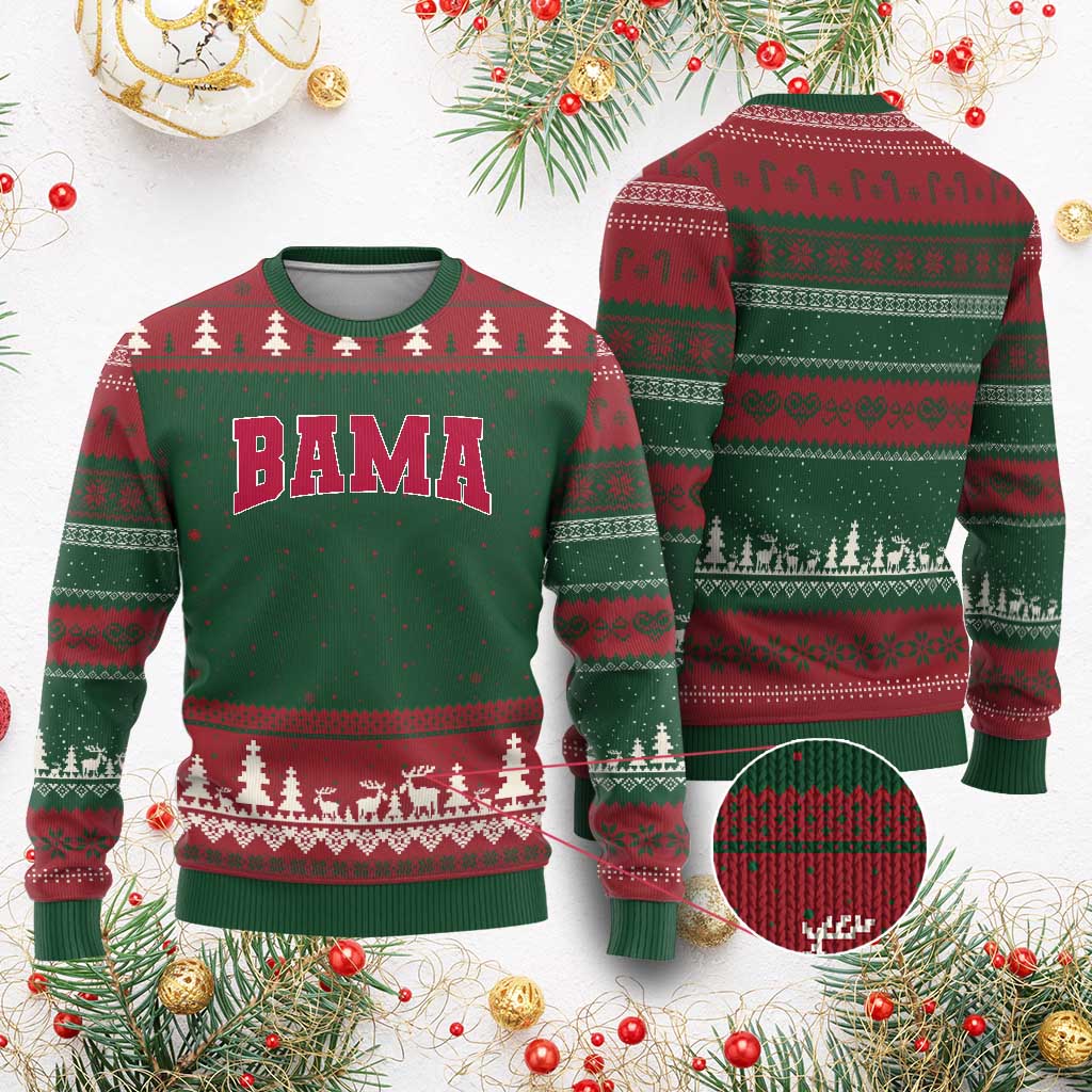 Vintage Bama Ugly Christmas Sweater Retro Varsity Alabama Football Lover AL State TS10 Red Green Print Your Wear