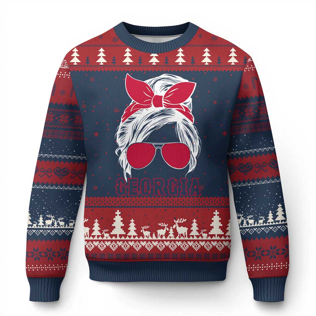 Georgia Lovers Ugly Christmas Sweater Bulldogs Game Day Messy Bun TS10 Navy Red Print Your Wear