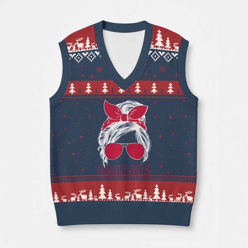 Georgia Lovers V-Neck Knit Sweater Vest Bulldogs Game Day Messy Bun TS10 Navy Red Print Your Wear