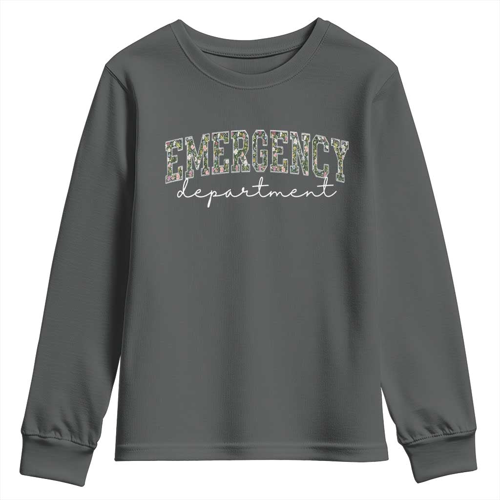 Floral Emergency Department Youth Sweatshirt ER Nurse Gift TS10 Dark Heather Print Your Wear