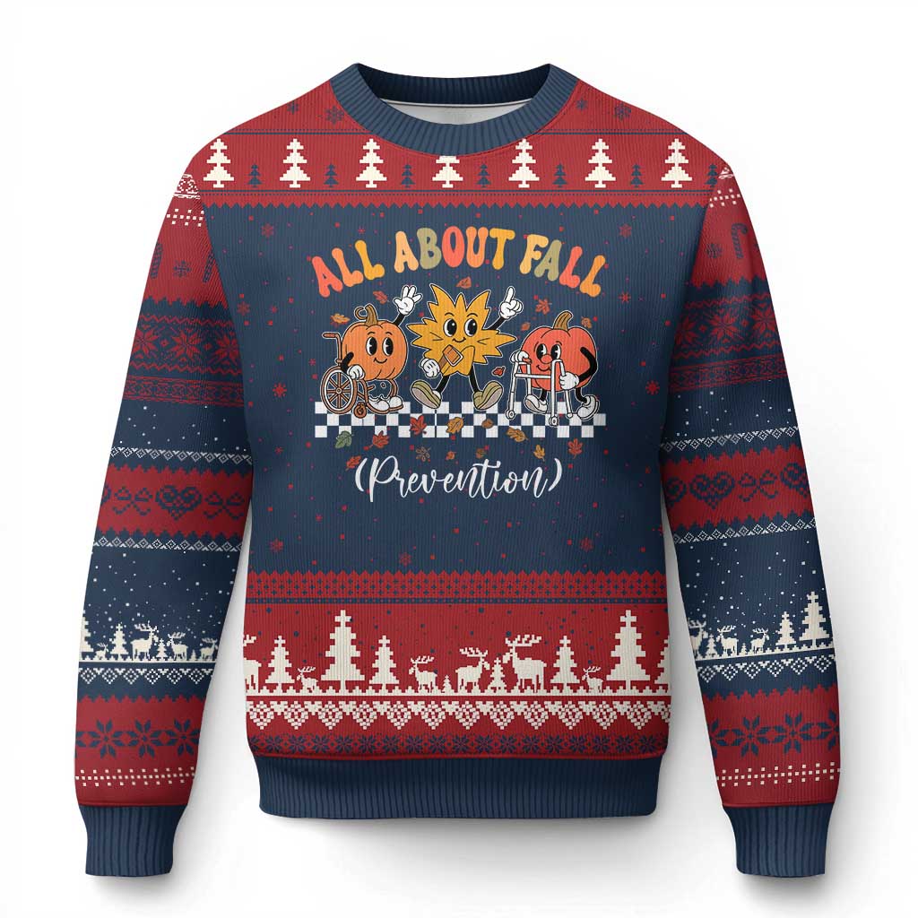 Fall Prevention Ugly Christmas Sweater Autumn Thanksgiving Nurse PT OT TS10 Navy Red Print Your Wear