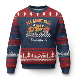 Fall Prevention Ugly Christmas Sweater Autumn Thanksgiving Nurse PT OT TS10 Navy Red Print Your Wear
