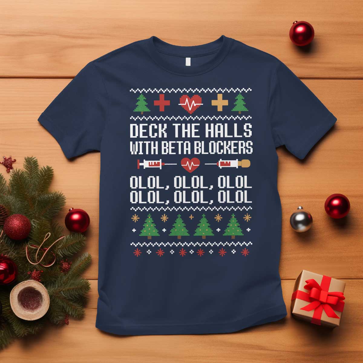 Funny Nurse Ugly Xmas T Shirt Deck The Hall With Beta Blockers TS10 Navy Print Your Wear