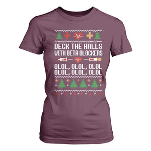 Funny Nurse Ugly Xmas T Shirt For Women Deck The Hall With Beta Blockers TS10 Maroon Print Your Wear