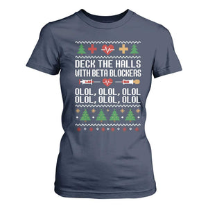 Funny Nurse Ugly Xmas T Shirt For Women Deck The Hall With Beta Blockers TS10 Navy Print Your Wear