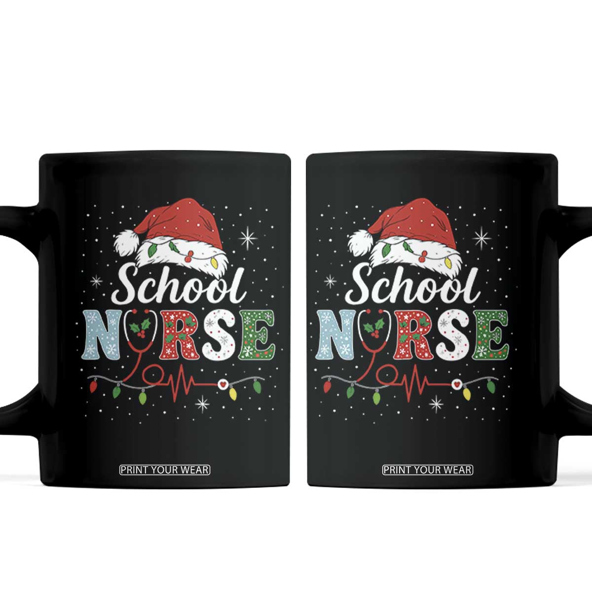 Christmas School Nurse Coffee Mug Xmas Lights Red Santa Hat Crew Nurse - Print Your Wear