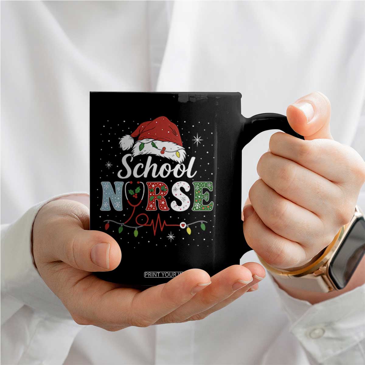 Christmas School Nurse Coffee Mug Xmas Lights Red Santa Hat Crew Nurse - Print Your Wear