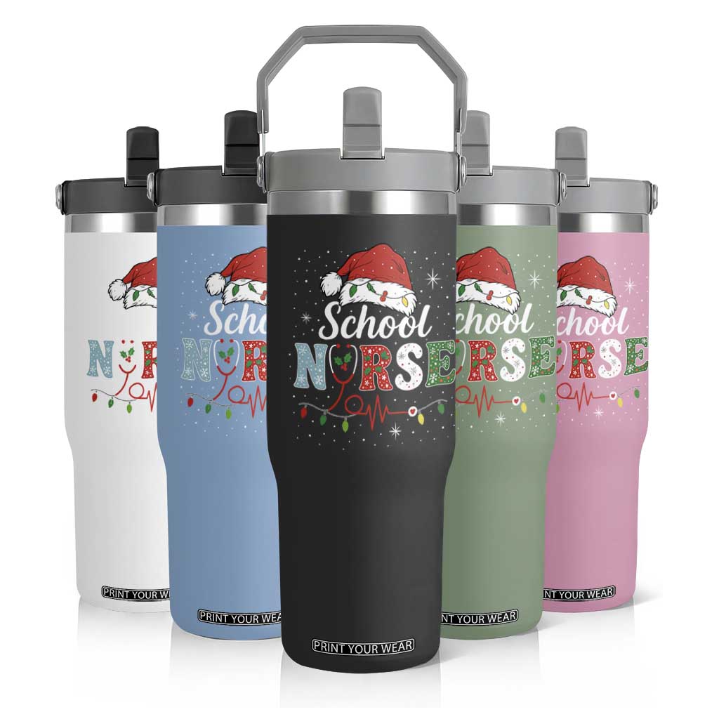 Christmas School Nurse Flip Straw Tumbler Xmas Lights Red Santa Hat Crew Nurse TS10 Print Your Wear