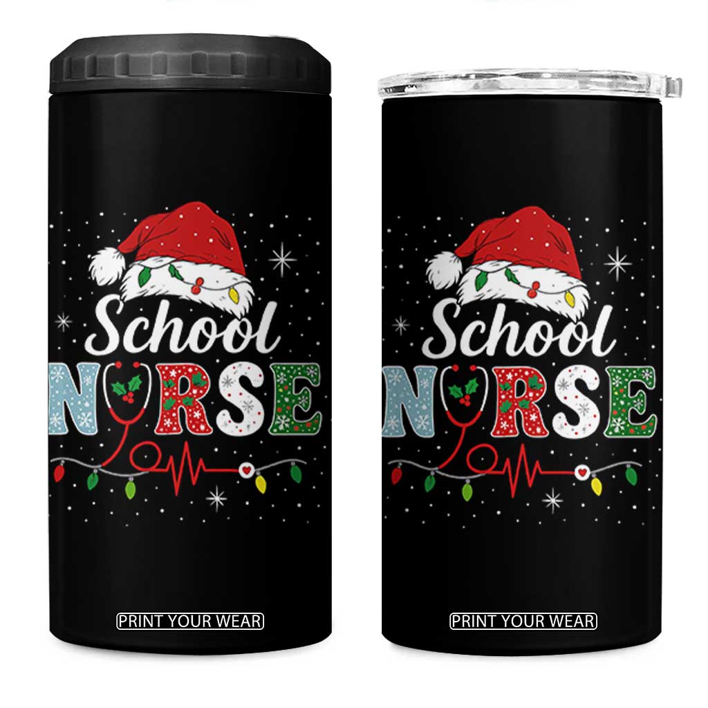 Christmas School Nurse 4 in 1 Can Cooler Tumbler Xmas Lights Red Santa Hat Crew Nurse - Print Your Wear