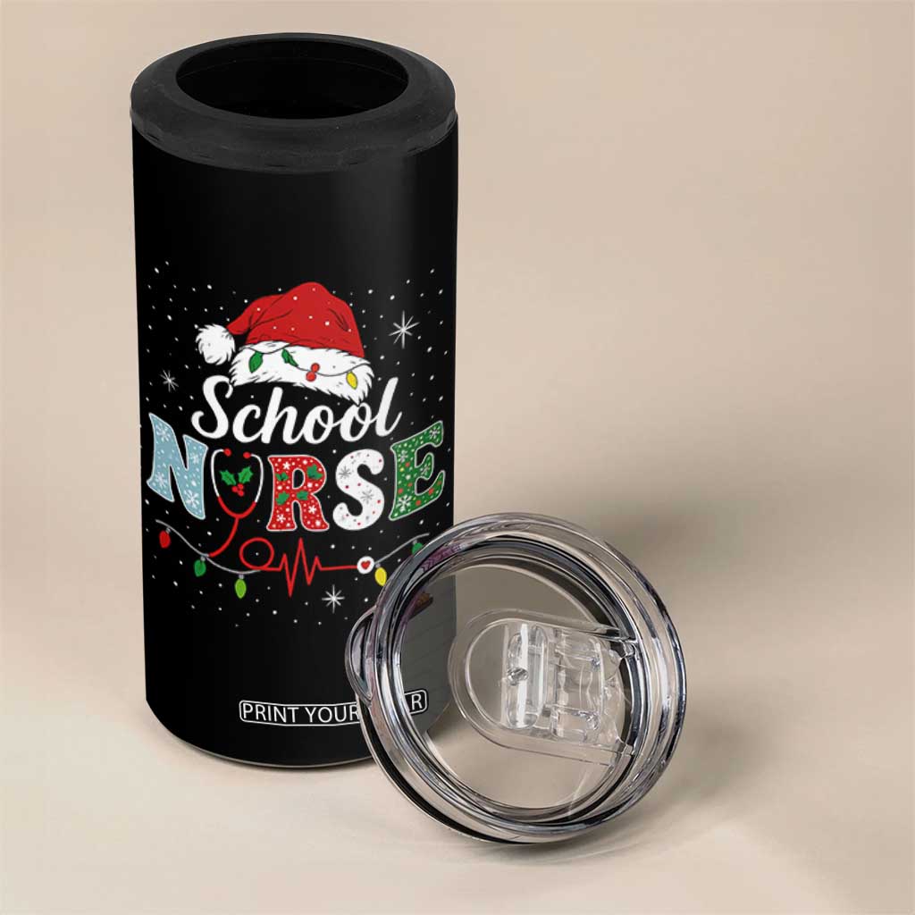 Christmas School Nurse 4 in 1 Can Cooler Tumbler Xmas Lights Red Santa Hat Crew Nurse - Print Your Wear