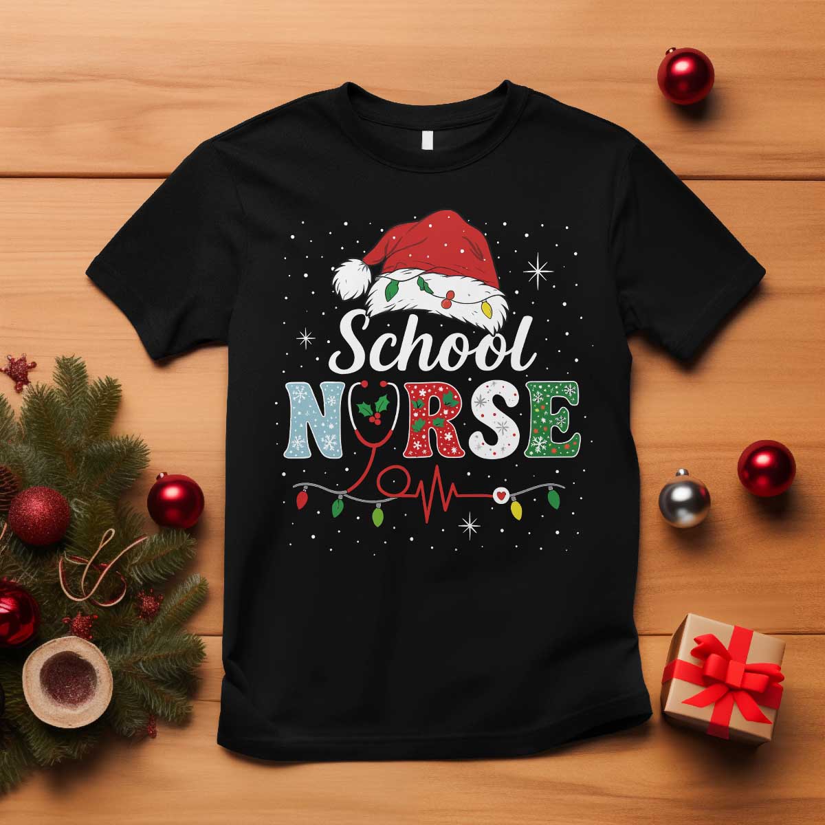 Christmas School Nurse T Shirt Xmas Lights Red Santa Hat Crew Nurse - Print Your Wear