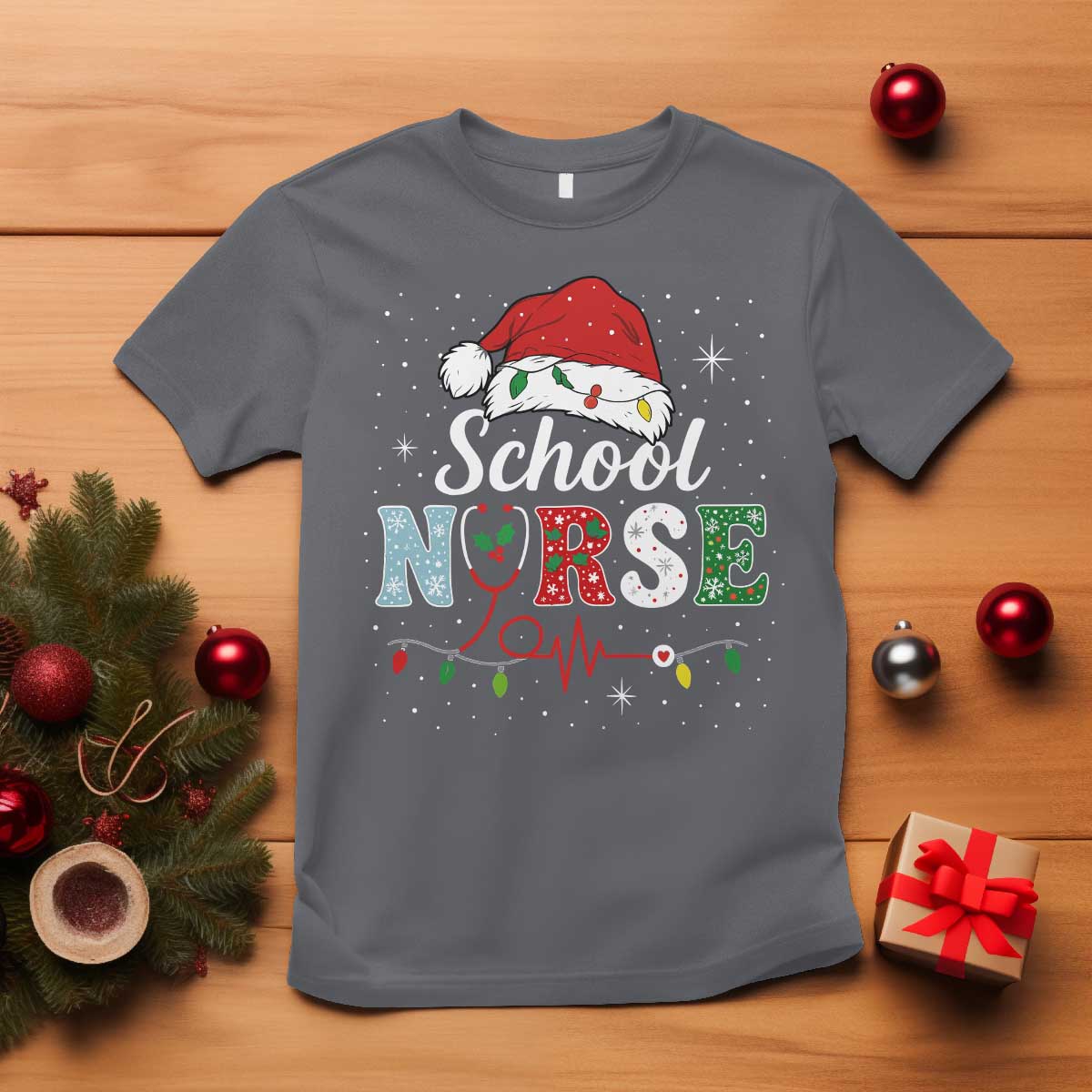 Christmas School Nurse T Shirt Xmas Lights Red Santa Hat Crew Nurse TS10 Charcoal Print Your Wear