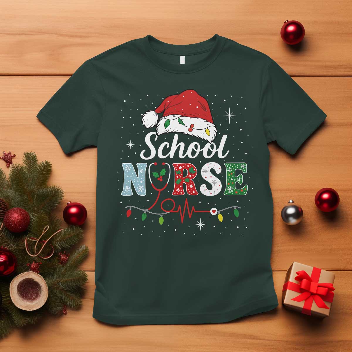 Christmas School Nurse T Shirt Xmas Lights Red Santa Hat Crew Nurse TS10 Dark Forest Green Print Your Wear