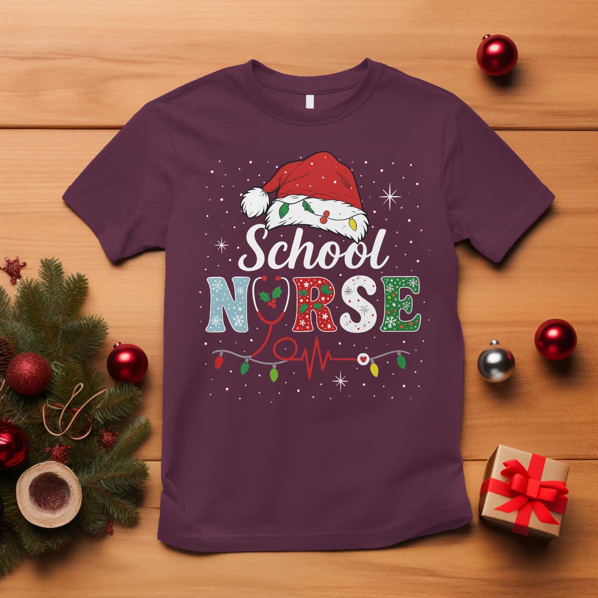 Christmas School Nurse T Shirt Xmas Lights Red Santa Hat Crew Nurse TS10 Maroon Print Your Wear