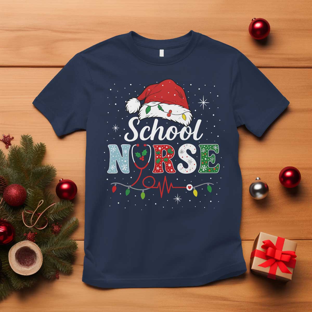 Christmas School Nurse T Shirt Xmas Lights Red Santa Hat Crew Nurse TS10 Navy Print Your Wear