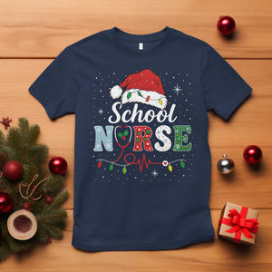 Christmas School Nurse T Shirt Xmas Lights Red Santa Hat Crew Nurse - Print Your Wear