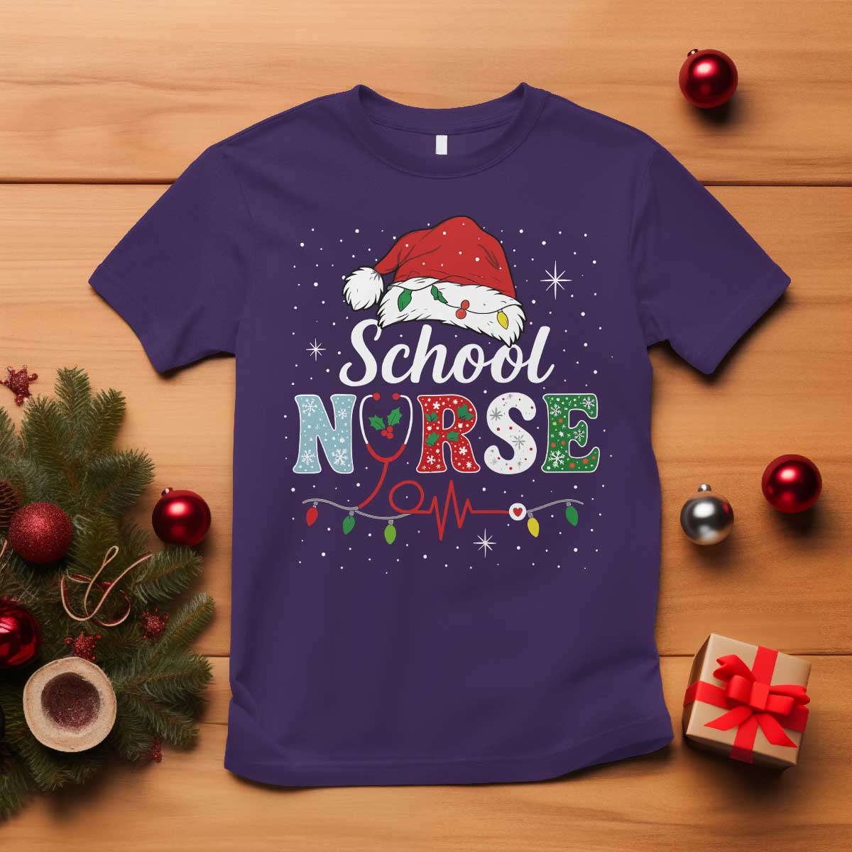 Christmas School Nurse T Shirt Xmas Lights Red Santa Hat Crew Nurse - Print Your Wear