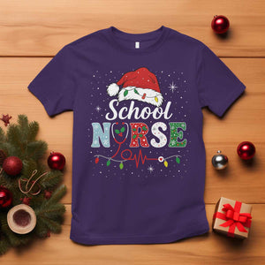 Christmas School Nurse T Shirt Xmas Lights Red Santa Hat Crew Nurse - Print Your Wear