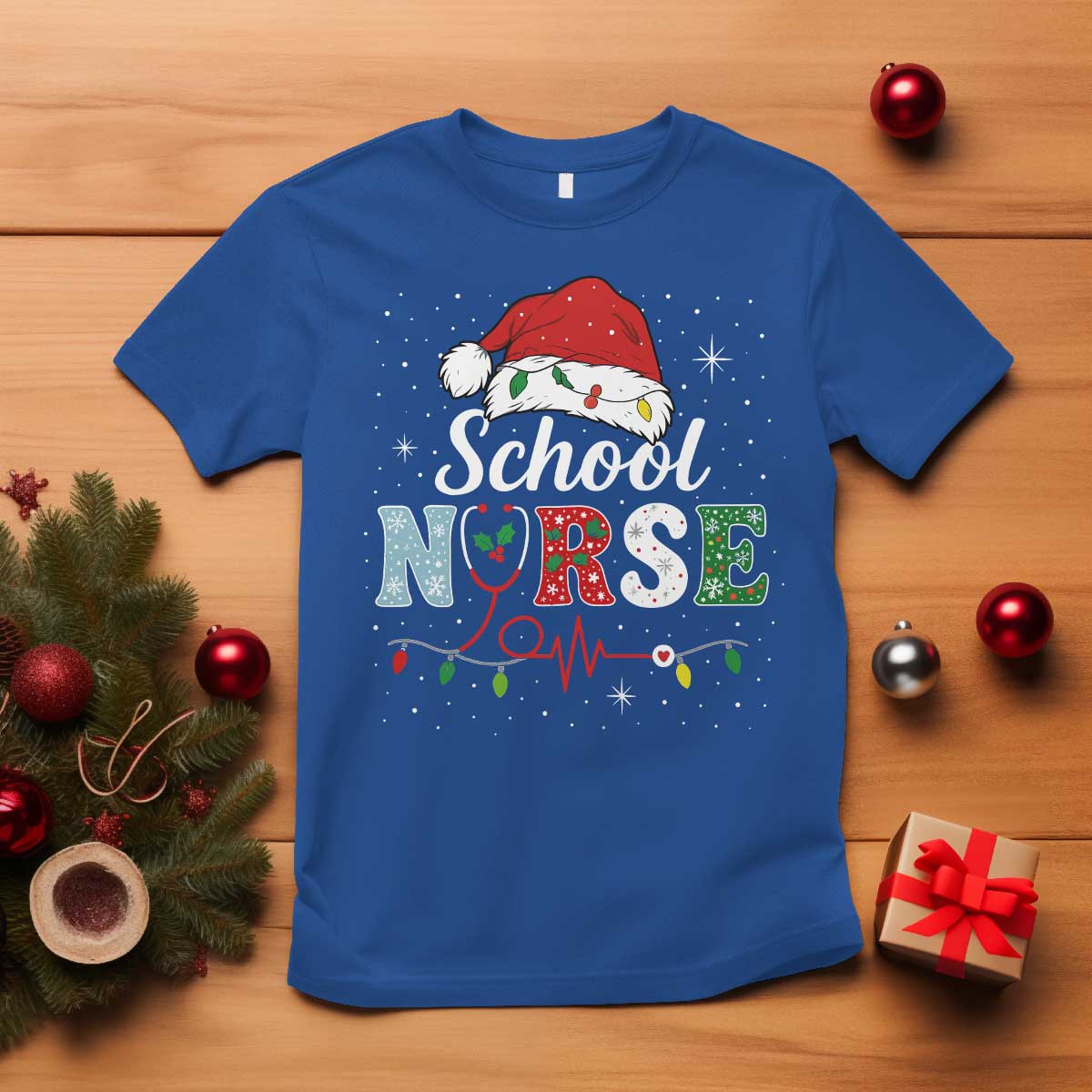 Christmas School Nurse T Shirt Xmas Lights Red Santa Hat Crew Nurse TS10 Royal Blue Print Your Wear