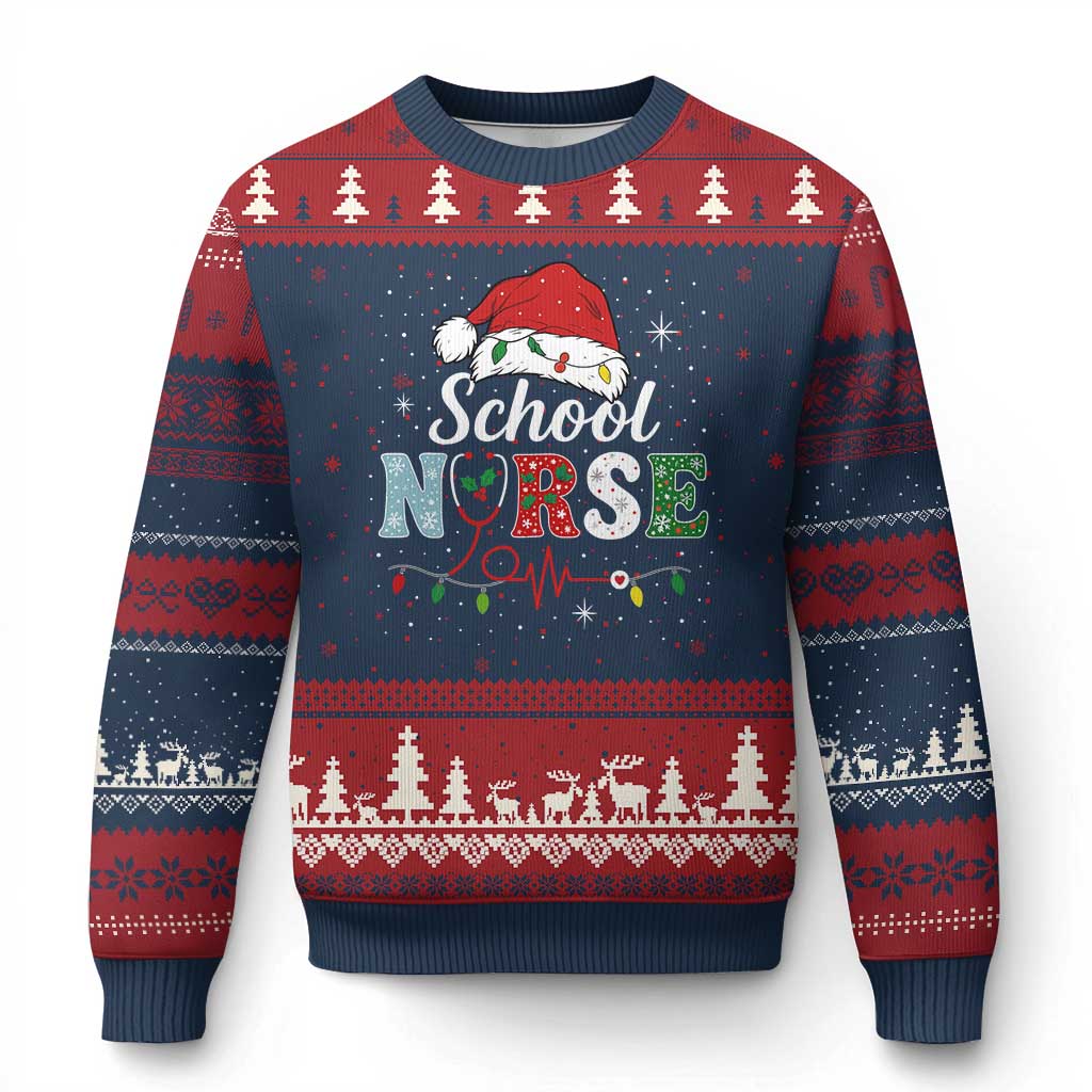 Xmas School Nurse Ugly Christmas Sweater Xmas Lights Red Santa Hat Crew Nurse TS10 Navy Red Print Your Wear