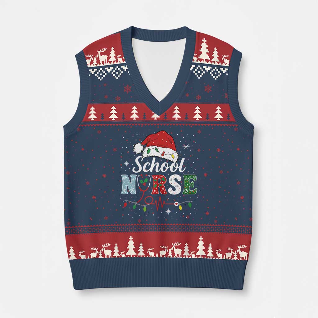 Xmas School Nurse V-Neck Knit Sweater Vest Xmas Lights Red Santa Hat Crew Nurse TS10 Navy Red Print Your Wear