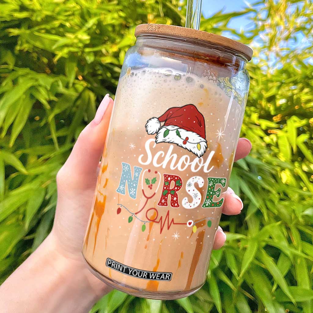 Christmas School Nurse Glass Can Xmas Lights Red Santa Hat Crew Nurse - Print Your Wear