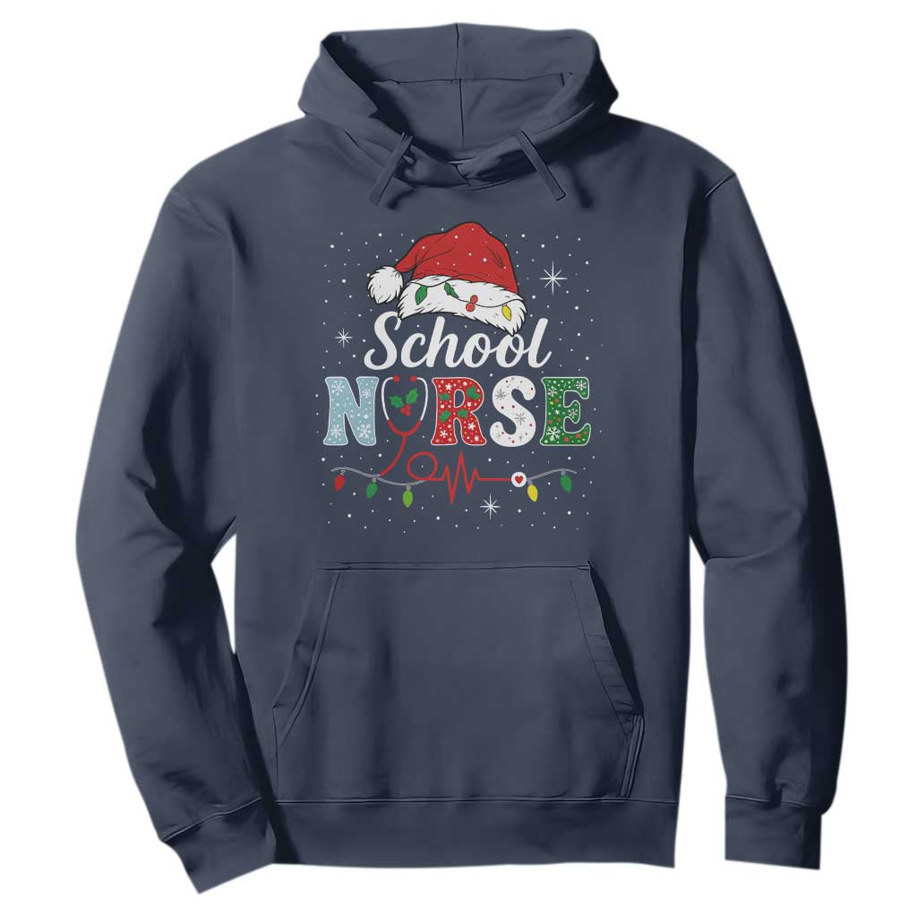 Christmas School Nurse Hoodie Xmas Lights Red Santa Hat Crew Nurse TS10 Navy Print Your Wear