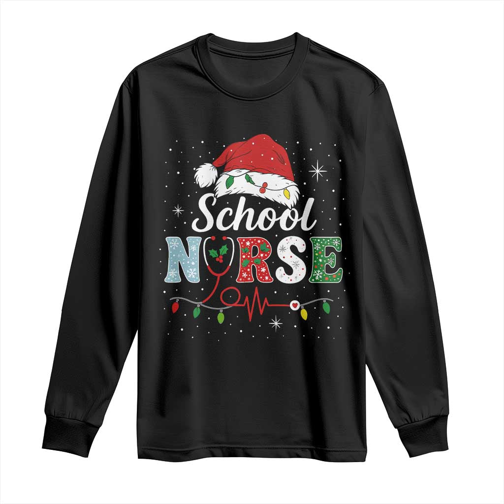Christmas School Nurse Long Sleeve Shirt Xmas Lights Red Santa Hat Crew Nurse TS10 Black Print Your Wear