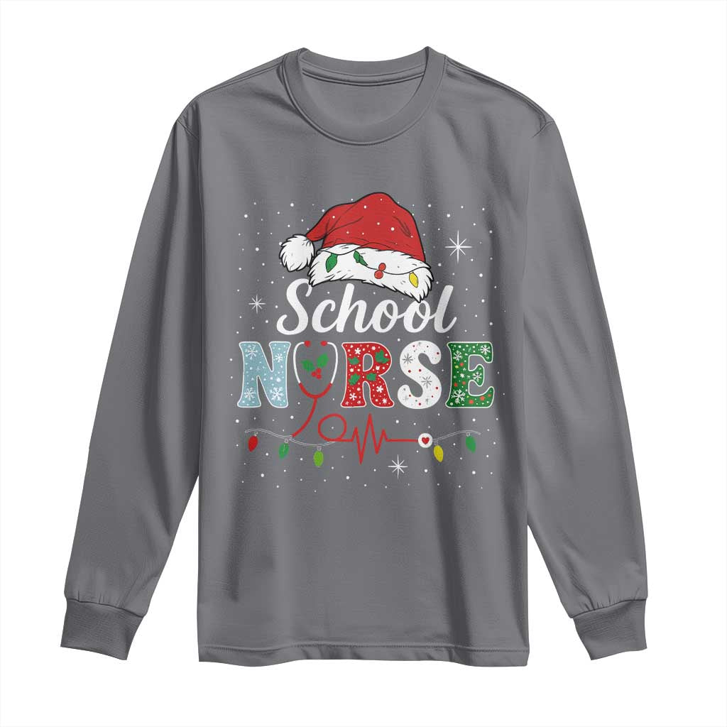 Christmas School Nurse Long Sleeve Shirt Xmas Lights Red Santa Hat Crew Nurse TS10 Charcoal Print Your Wear