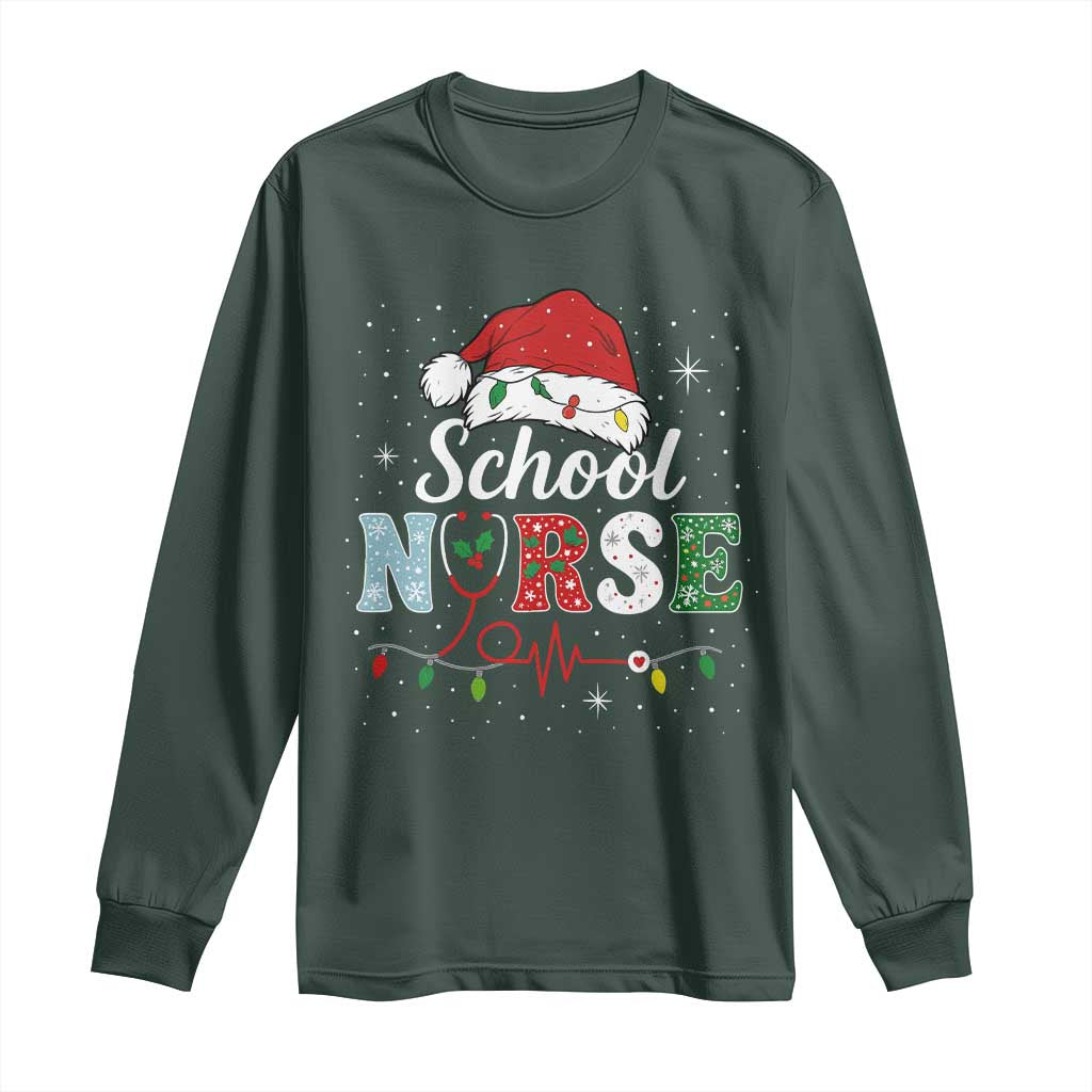 Christmas School Nurse Long Sleeve Shirt Xmas Lights Red Santa Hat Crew Nurse TS10 Dark Forest Green Print Your Wear