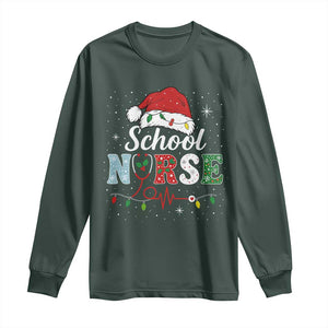 Christmas School Nurse Long Sleeve Shirt Xmas Lights Red Santa Hat Crew Nurse TS10 Dark Forest Green Print Your Wear