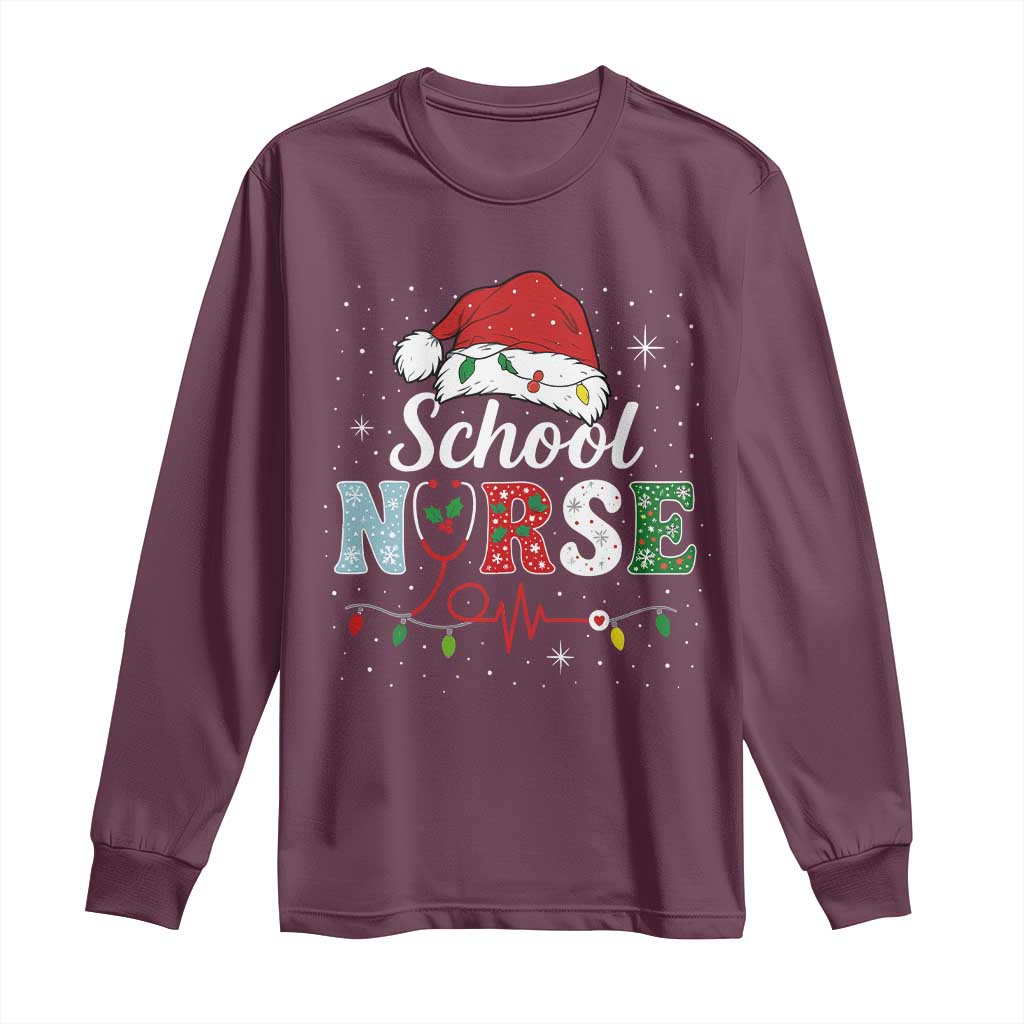 Christmas School Nurse Long Sleeve Shirt Xmas Lights Red Santa Hat Crew Nurse TS10 Maroon Print Your Wear