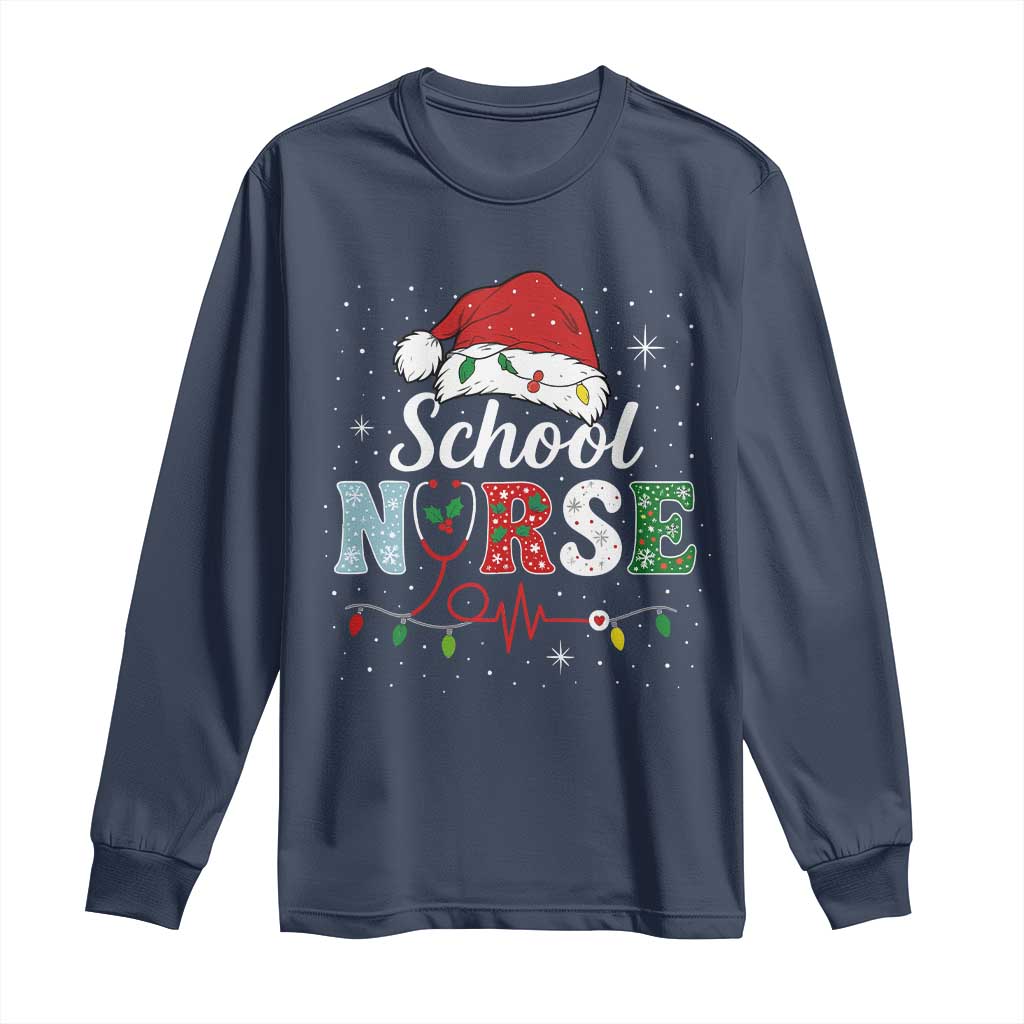 Christmas School Nurse Long Sleeve Shirt Xmas Lights Red Santa Hat Crew Nurse TS10 Navy Print Your Wear
