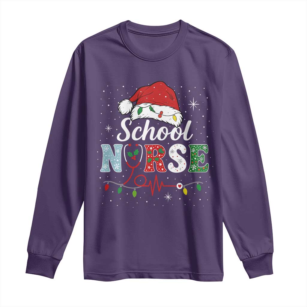 Christmas School Nurse Long Sleeve Shirt Xmas Lights Red Santa Hat Crew Nurse - Print Your Wear