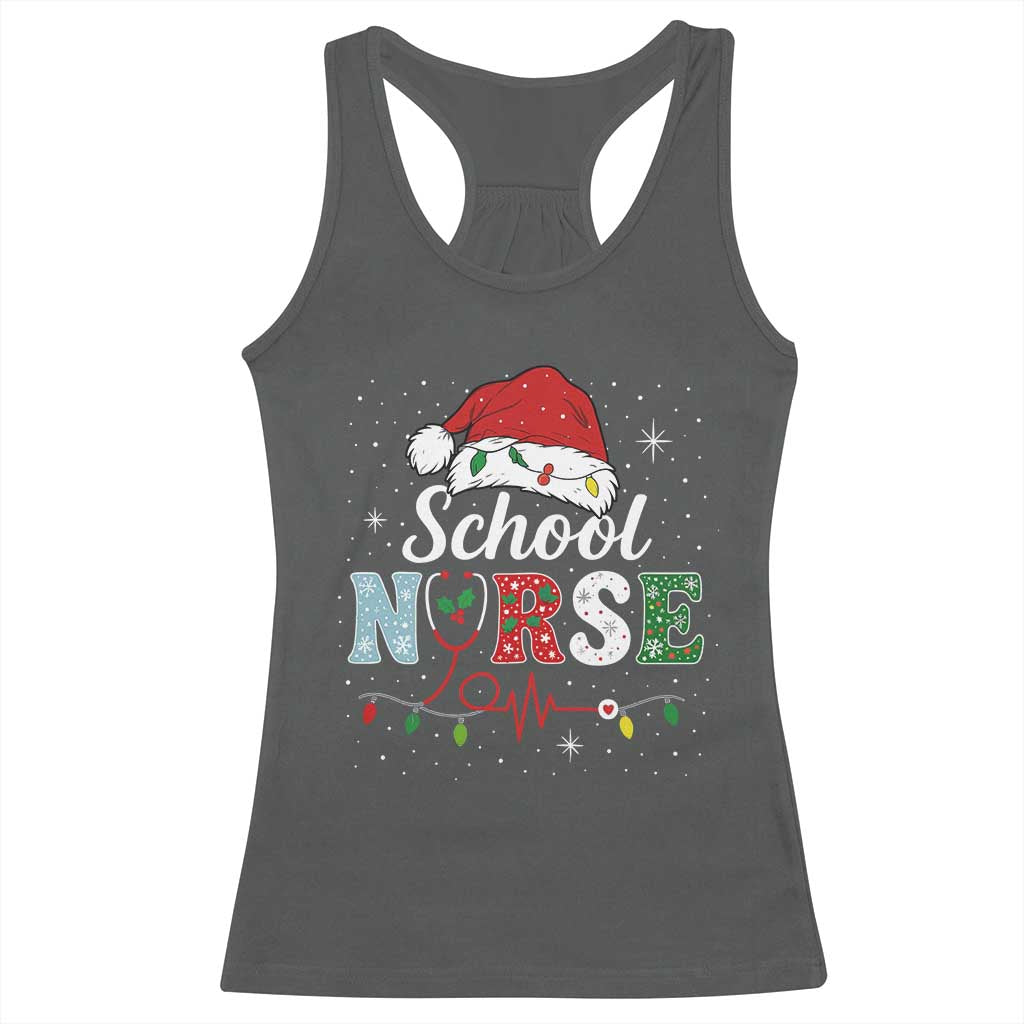 Christmas School Nurse Racerback Tank Top Xmas Lights Red Santa Hat Crew Nurse TS10 Dark Heather Print Your Wear