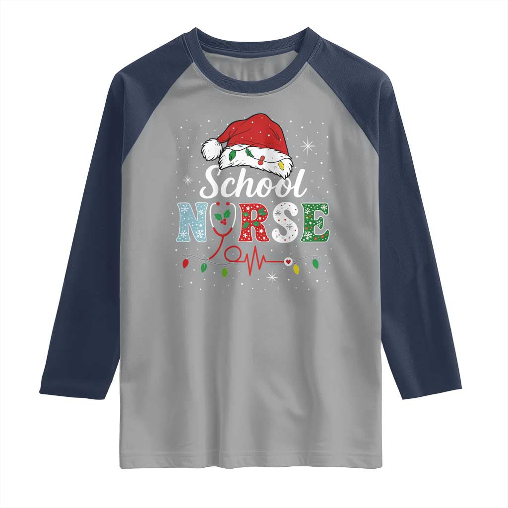 Christmas School Nurse Raglan Shirt Xmas Lights Red Santa Hat Crew Nurse TS10 Sport Gray Navy Print Your Wear