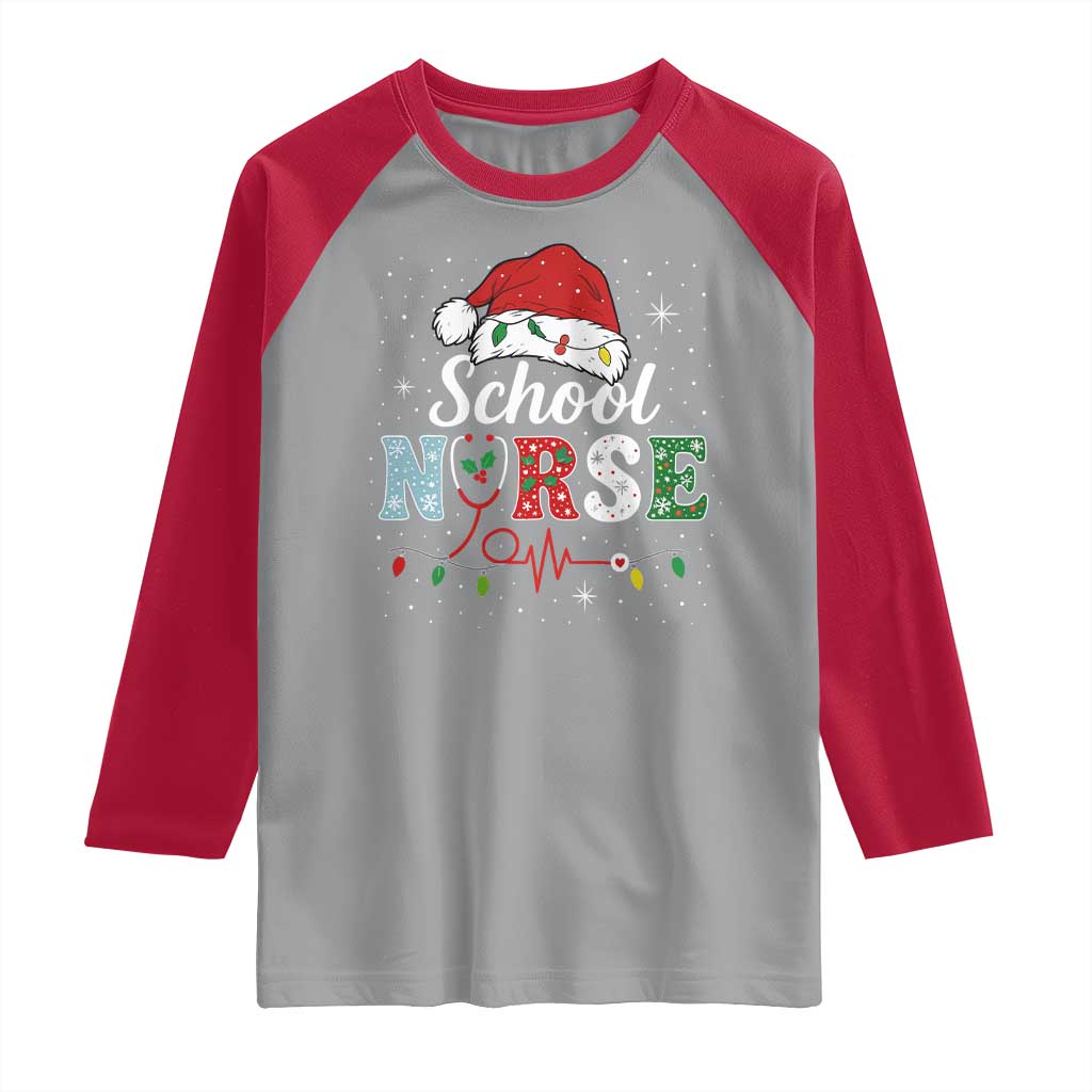 Christmas School Nurse Raglan Shirt Xmas Lights Red Santa Hat Crew Nurse TS10 Sport Gray Red Print Your Wear