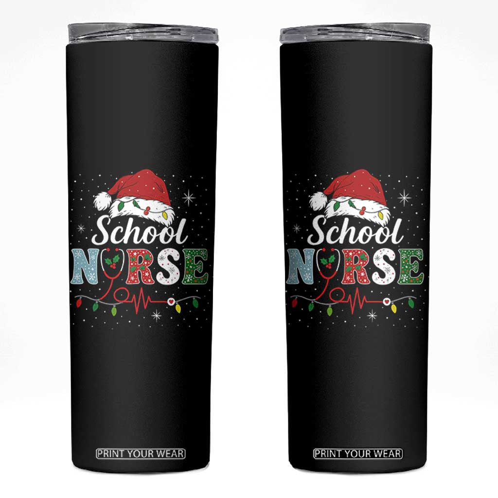 Christmas School Nurse Skinny Tumbler Xmas Lights Red Santa Hat Crew Nurse - Print Your Wear