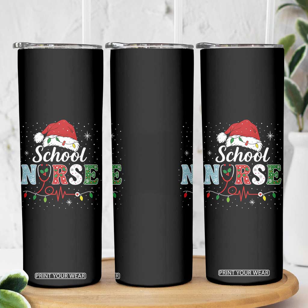 Christmas School Nurse Skinny Tumbler Xmas Lights Red Santa Hat Crew Nurse - Print Your Wear