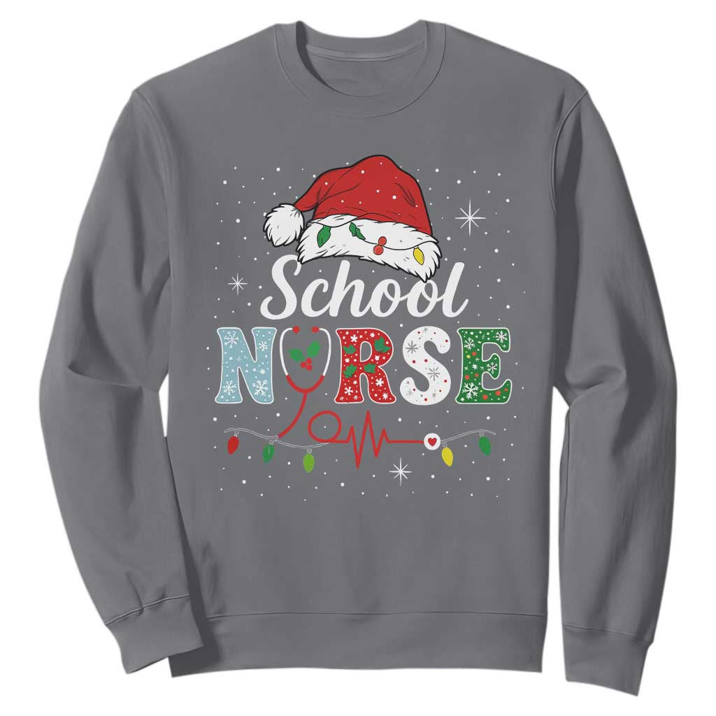 Christmas School Nurse Sweatshirt Xmas Lights Red Santa Hat Crew Nurse - Print Your Wear