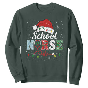 Christmas School Nurse Sweatshirt Xmas Lights Red Santa Hat Crew Nurse TS10 Dark Forest Green Print Your Wear