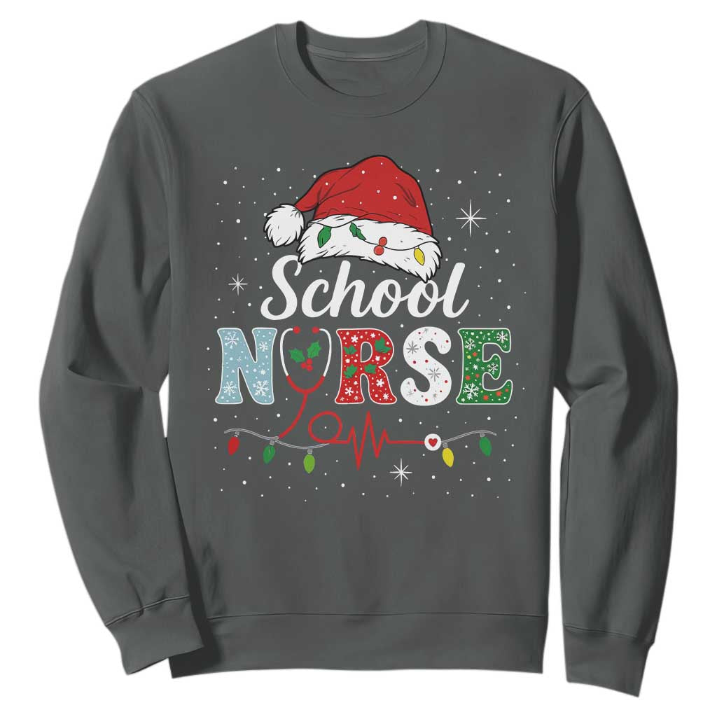 Christmas School Nurse Sweatshirt Xmas Lights Red Santa Hat Crew Nurse TS10 Dark Heather Print Your Wear