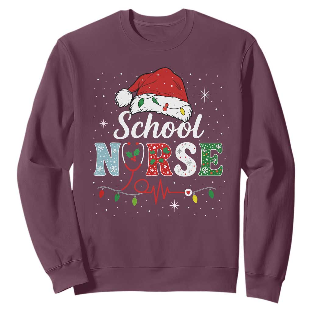 Christmas School Nurse Sweatshirt Xmas Lights Red Santa Hat Crew Nurse - Print Your Wear