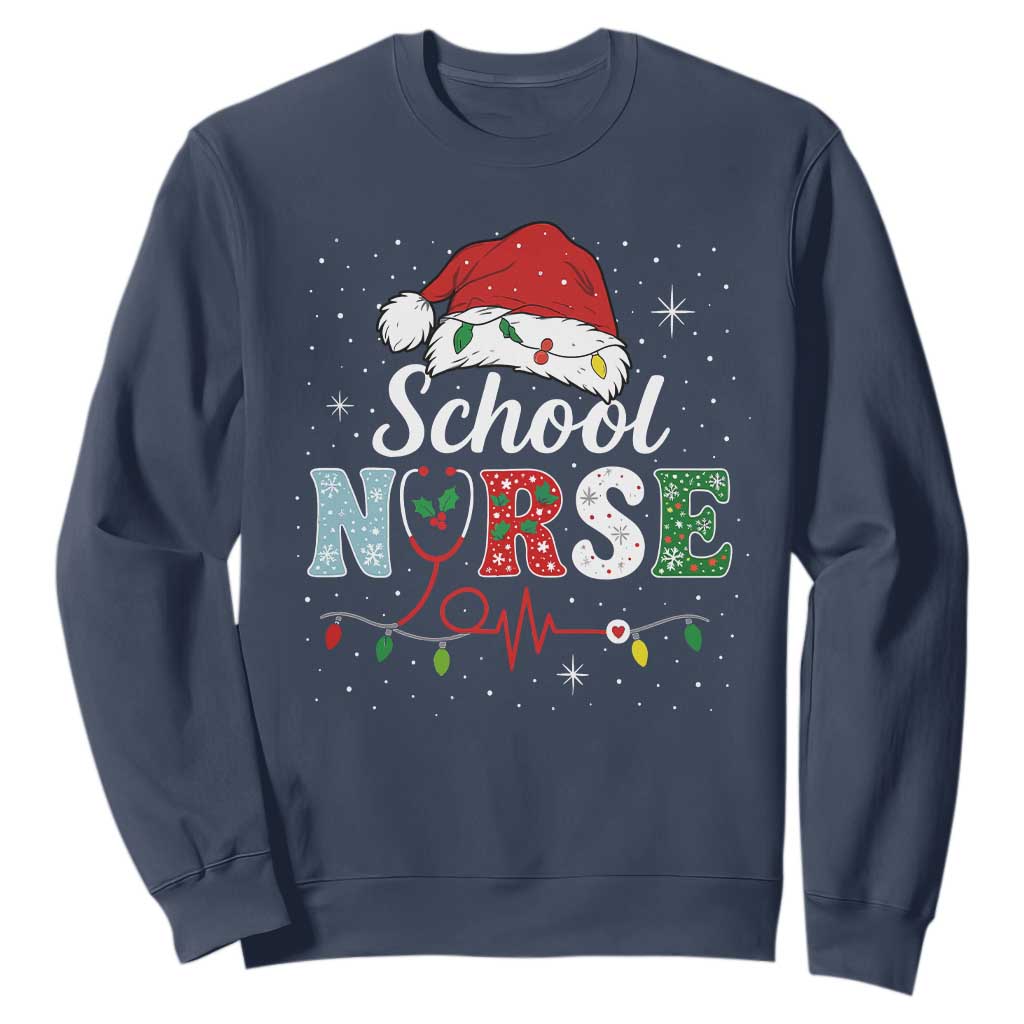 Christmas School Nurse Sweatshirt Xmas Lights Red Santa Hat Crew Nurse TS10 Navy Print Your Wear