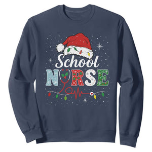 Christmas School Nurse Sweatshirt Xmas Lights Red Santa Hat Crew Nurse TS10 Navy Print Your Wear