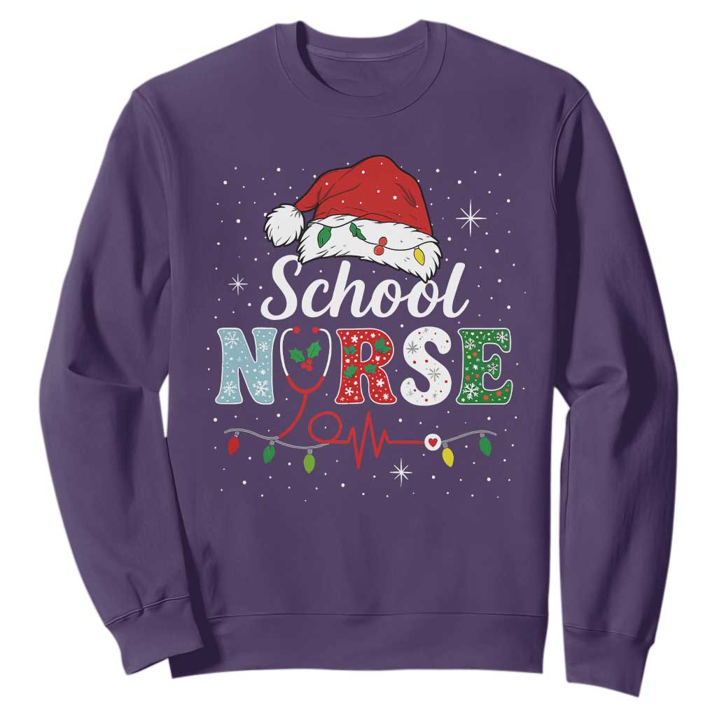 Christmas School Nurse Sweatshirt Xmas Lights Red Santa Hat Crew Nurse TS10 Purple Print Your Wear