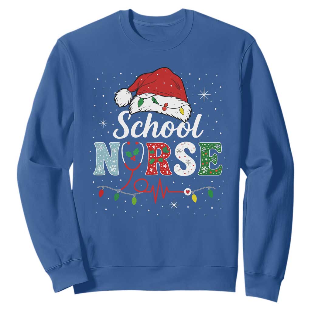 Christmas School Nurse Sweatshirt Xmas Lights Red Santa Hat Crew Nurse TS10 Royal Blue Print Your Wear