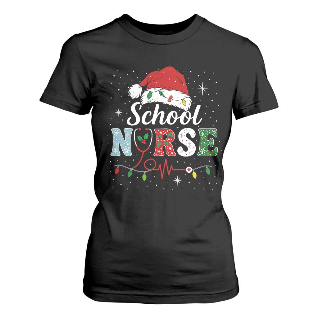 Christmas School Nurse T Shirt For Women Xmas Lights Red Santa Hat Crew Nurse TS10 Black Print Your Wear