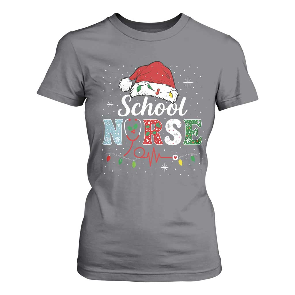Christmas School Nurse T Shirt For Women Xmas Lights Red Santa Hat Crew Nurse - Print Your Wear