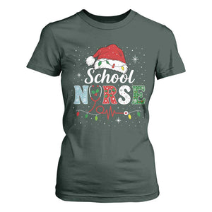 Christmas School Nurse T Shirt For Women Xmas Lights Red Santa Hat Crew Nurse TS10 Dark Forest Green Print Your Wear